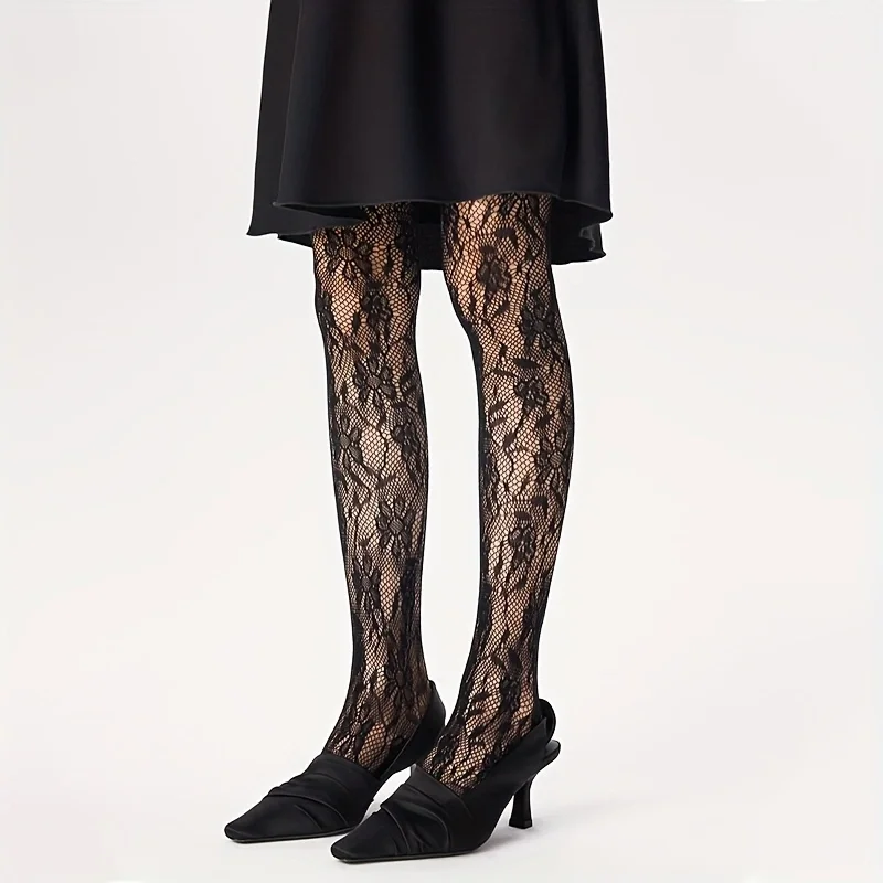 1 pair of lace pantyhose, sweet and cool girl floral mesh stockings with fishnet patterns, retro openwork floral lace jacquard p