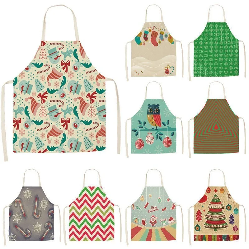 1Pc Christmas Apron for Woman Kids Pinafore Cotton Linen Kitchen Aprons 55x68cm Adult Bibs For Home Baking Cooking Accessory