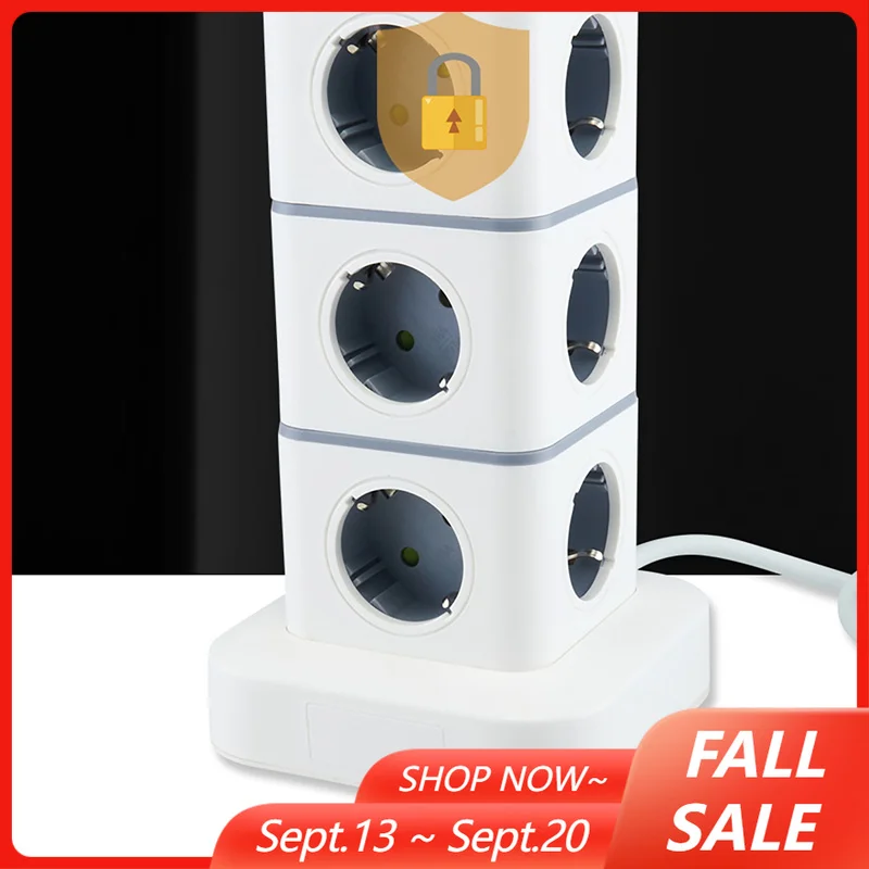 Tower 12 Way Outlets Socket Multi Power Strip Vertical 3m Extension Cord EU Plug with 4 USB Overload Protector Switch 220V 10A