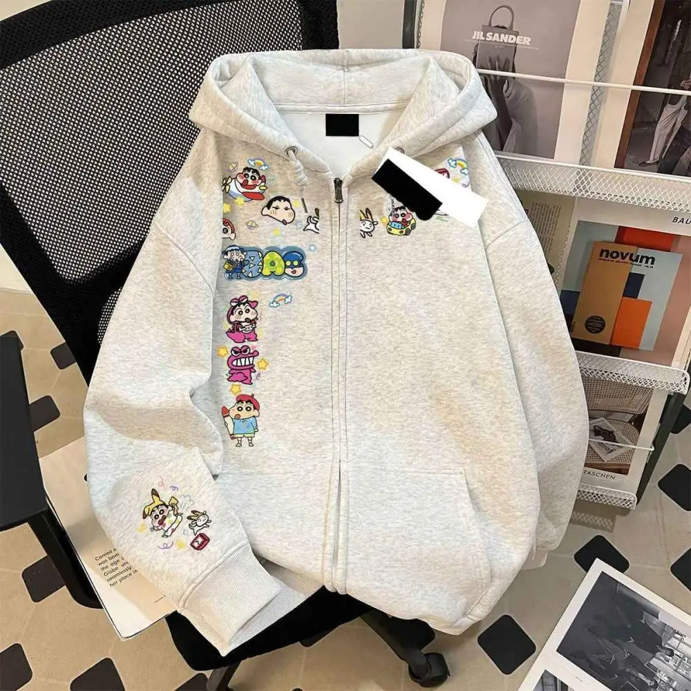Harajuku Cartoon Crayon Shin-Chan Printed Hoodie Autumn Winter Women's Zipper Jacket Loose Casual Student Sweatshirts Coats