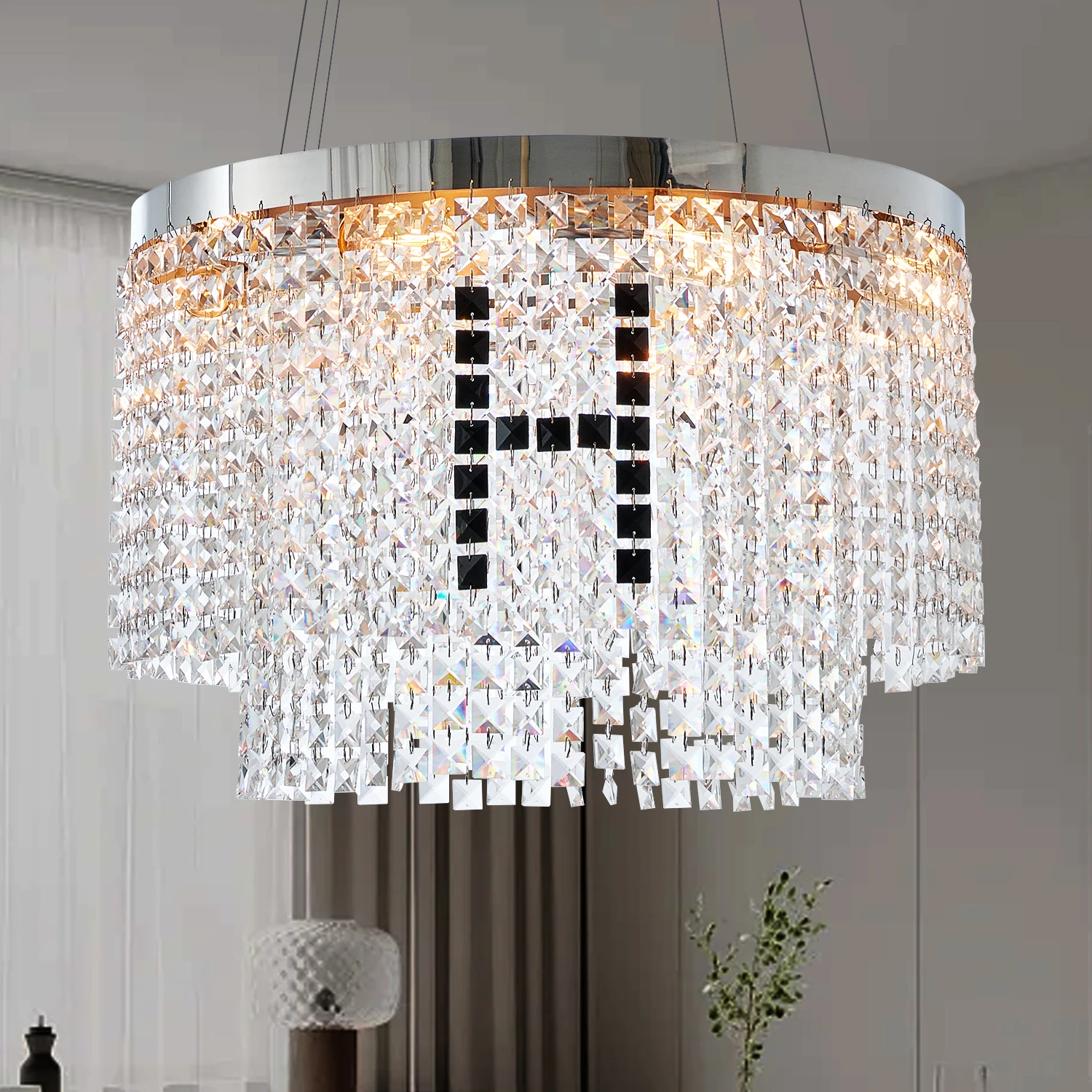 

Luxury Crystal Chandelier, Modern Round Pendant Light Fixture-Elegant Design with hrome Finish and Decorative Crystal Beads