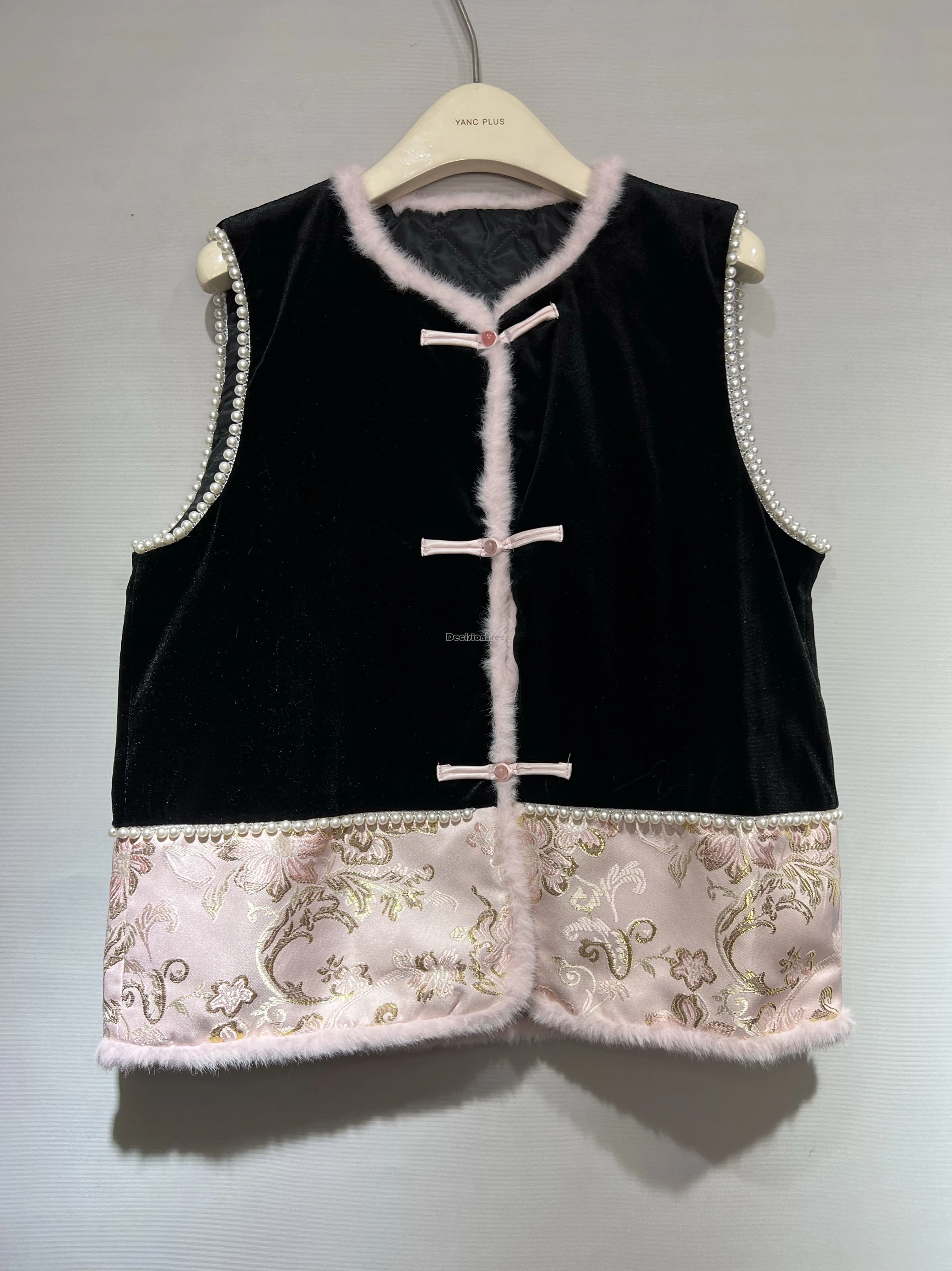 

2025 new chinese style women's autumn winter embroidered velvet cotton cheongsam button vest fur patchwork design tang suit vest