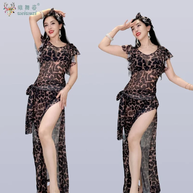 Traje de dança do ventre macio e confortável malha leopardo impressão robe + lenço + lenço de quadril 3 pçs shaabi balady saidy desempenho robes