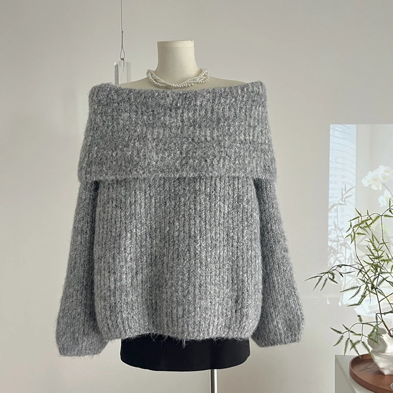 

Женский серый свитер с открытыми плечами, корейский сексуальный однотонный пуловер Harajuku Y2K, элегантный топ с длинными рукавами в консервативном стиле, весенне-осенний топ