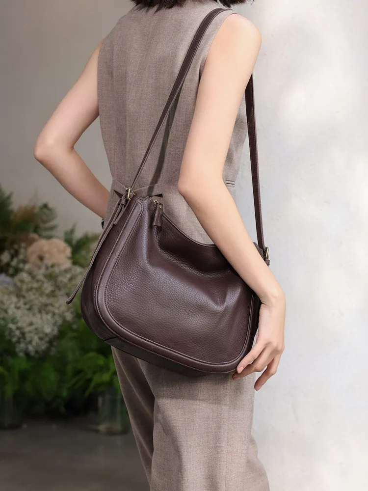 Trendy Genuine Leather Shoulder Bag Female 100% Cowhide Messenger Purse With Back Zipper Pocket Handbag Crossbody Bags For Women