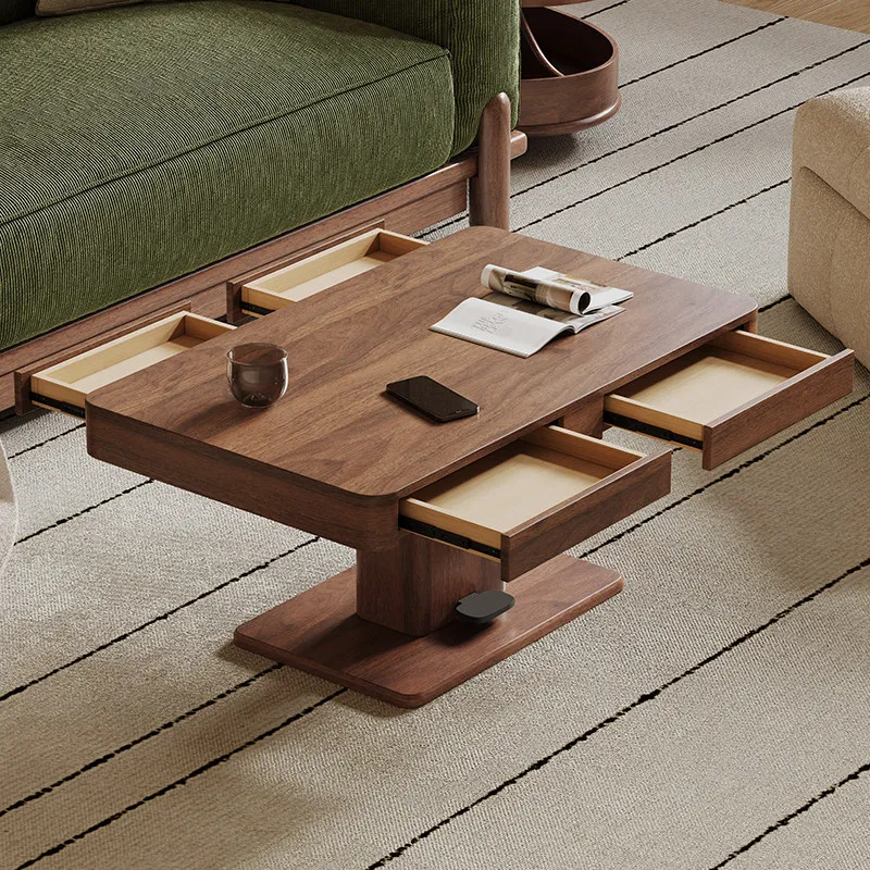 Solid wood lifting coffee table dining table dual-purpose, living room household small apartment, walnut color
