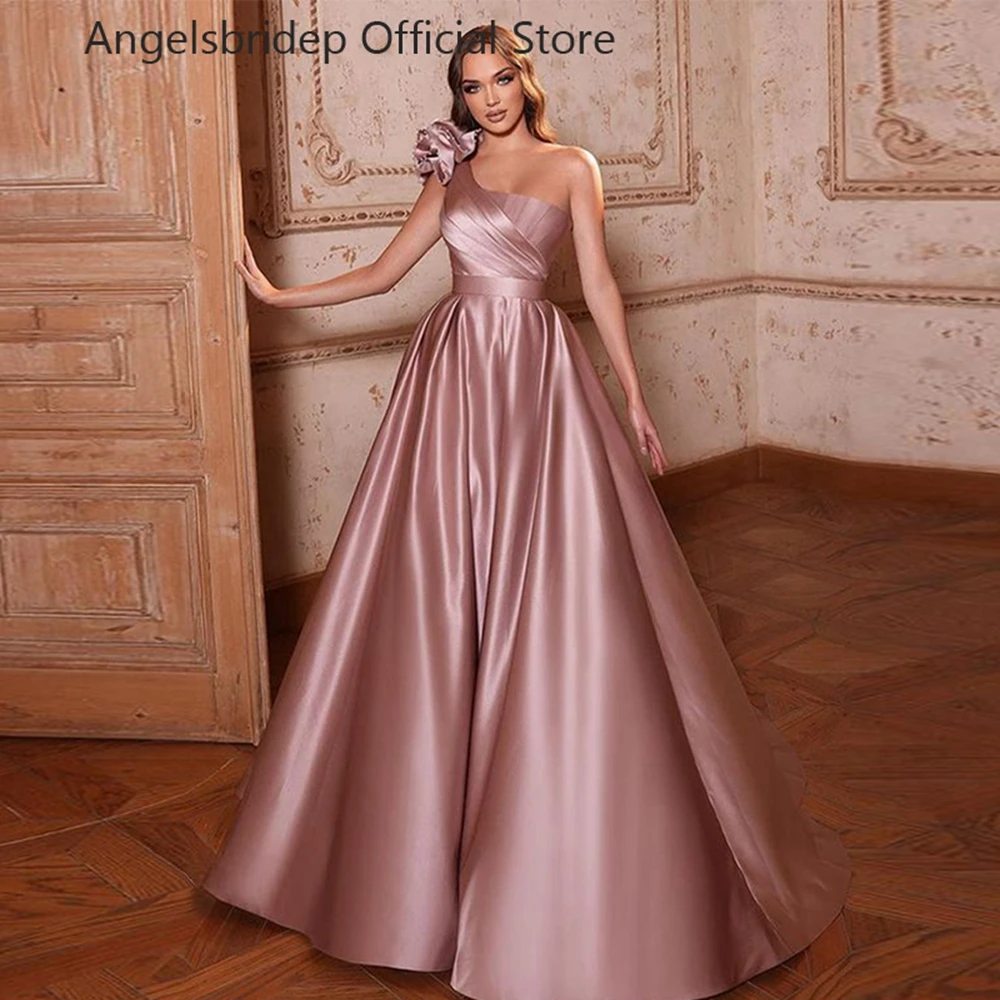 

Angelsbridep Dusty Pink Satin Prom Dresses Pleat With 3D Flowers Vintage A-line Vestidos Para Mujer Gala Evening Party Gowns