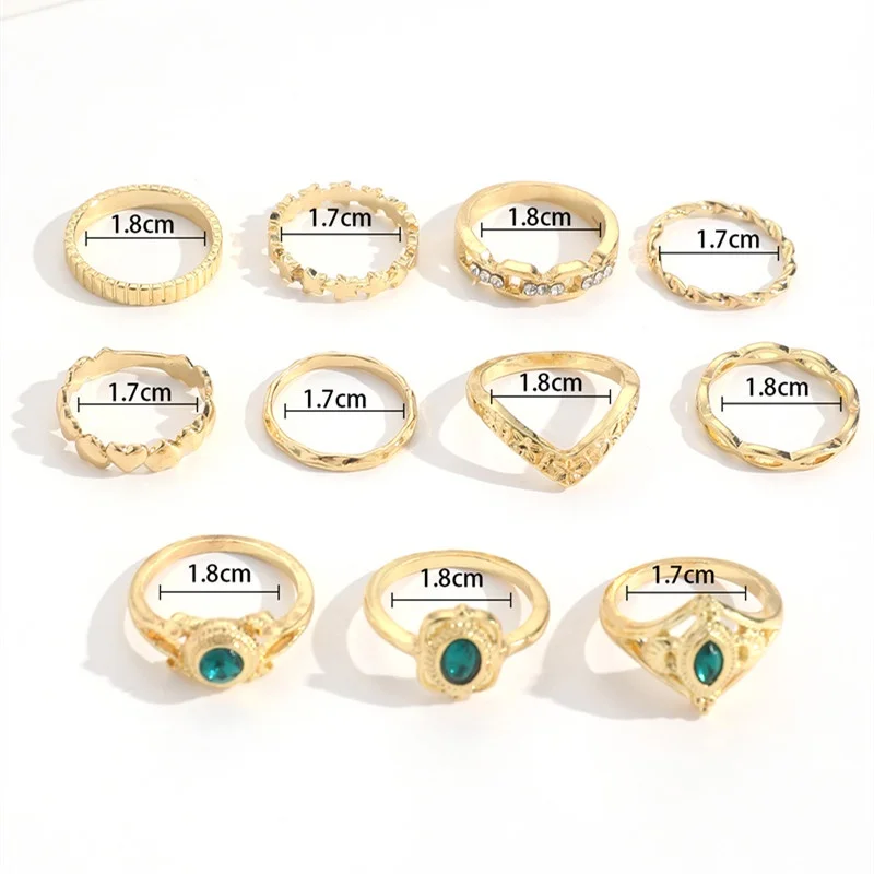1 Set Fashion Green Crystal Heart Rings for Women Vintage Gold Geometric Rings Set Party Jewelry Accessories