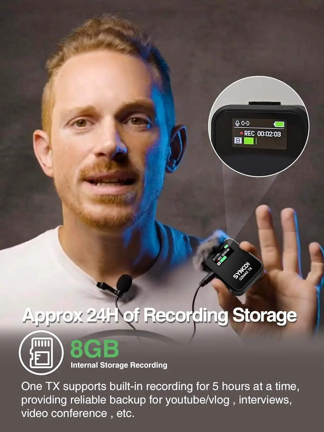 Immagine 4: SYNCO G2 A2 MAX Microfono lavalier wireless Doppio trasmettitore 2.4G Registrazione 24 ore 656FT 8H per streaming Vlog in classe online