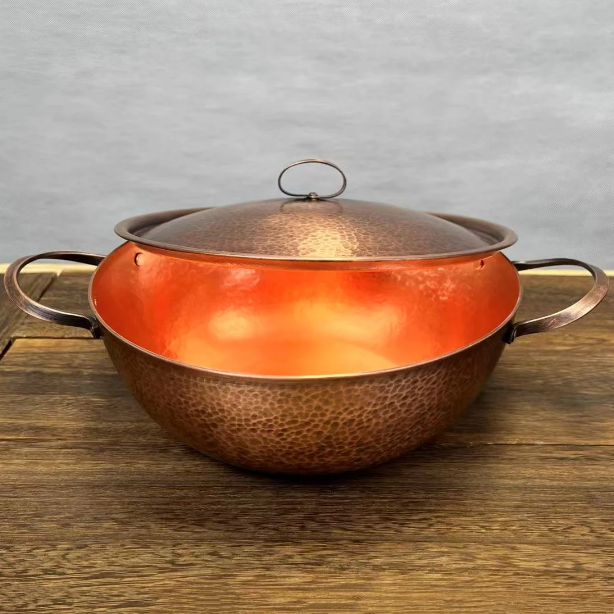 Vintage Copper Soup Pot,Handcrafted Hot Pot Food Cooking Utensil Simmering and Pasta Stewing,With lid 24 cm Handheld Pots view 2