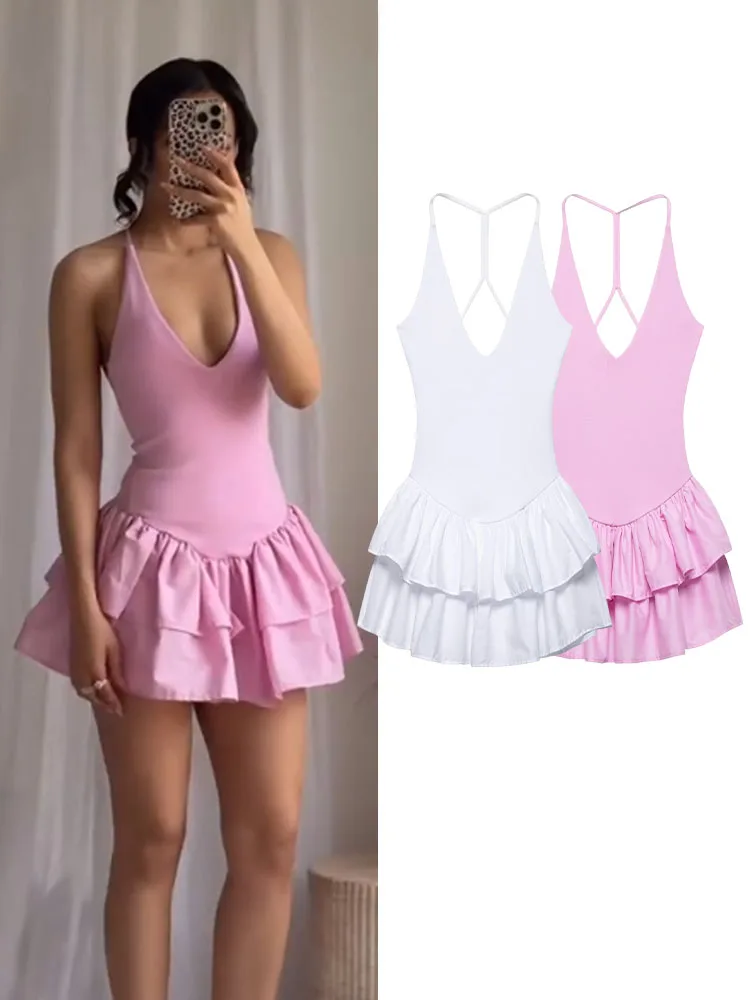 

TRAFZA Summer Woman Pleated Elasticity Beach Party Dress Women Fashion Deep V-Neck Sexy Sleeveless Backless Slim Mini Dress