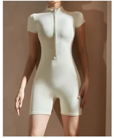 Womens Yoga Short Sleeve Jumpsuits Slim Fit Stretch One Piece Playsuits Romper Sexy Fitness Female Basic Zipper Sportwears 6