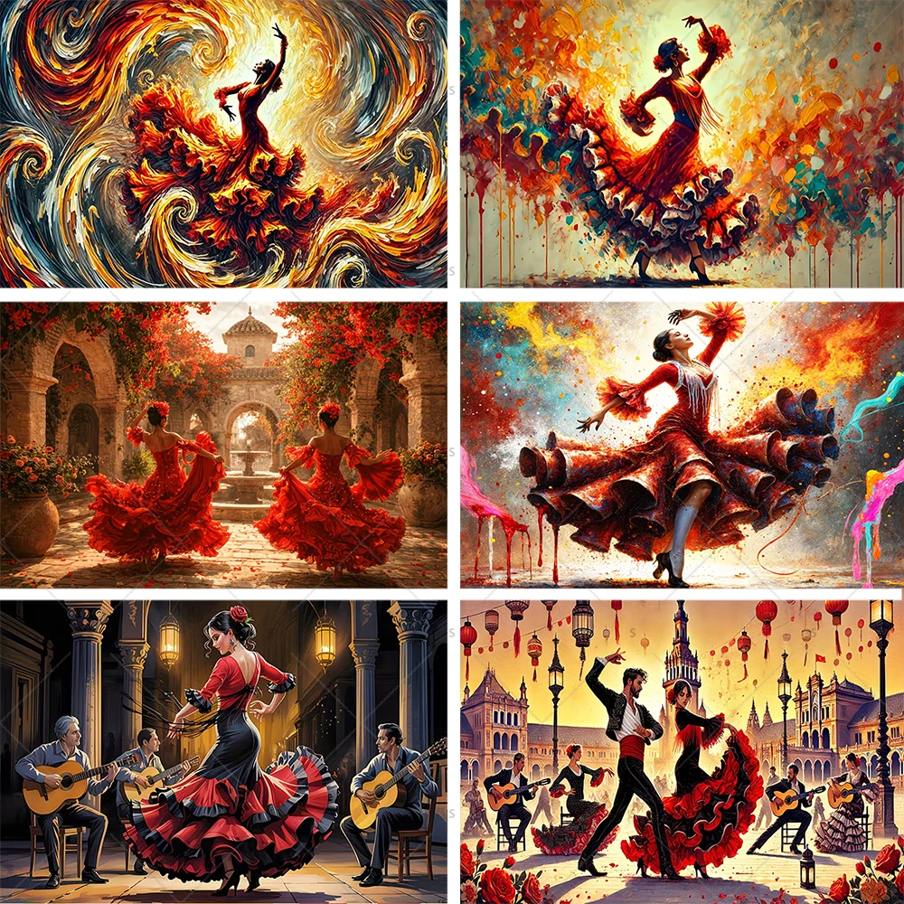 

Flamenco Dancer Oil Painting Party Backdrop Spanish Vibrant Color Dancer Photography Decoration Background Photo Studio Banner