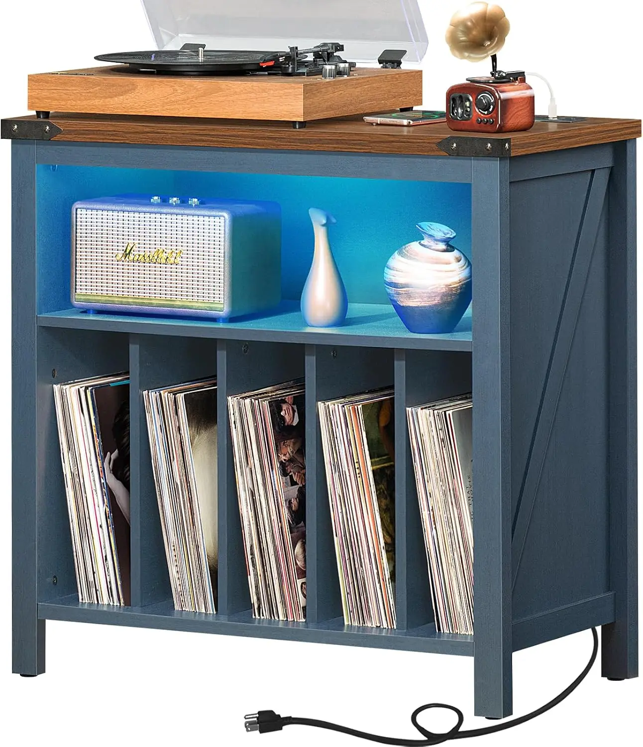 Large Record Player Stand with Charging Station & LED Lights, Vinyl Records Storage Holder Cabinet Holds up to 230 Albums, Turnt