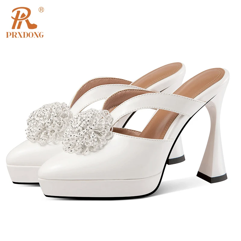 PRXDONG New Summer Genuine Leather Sexy High Heels Open Toe Black WHite Flower Dress Party Female Slippers Sandals Size 34-40