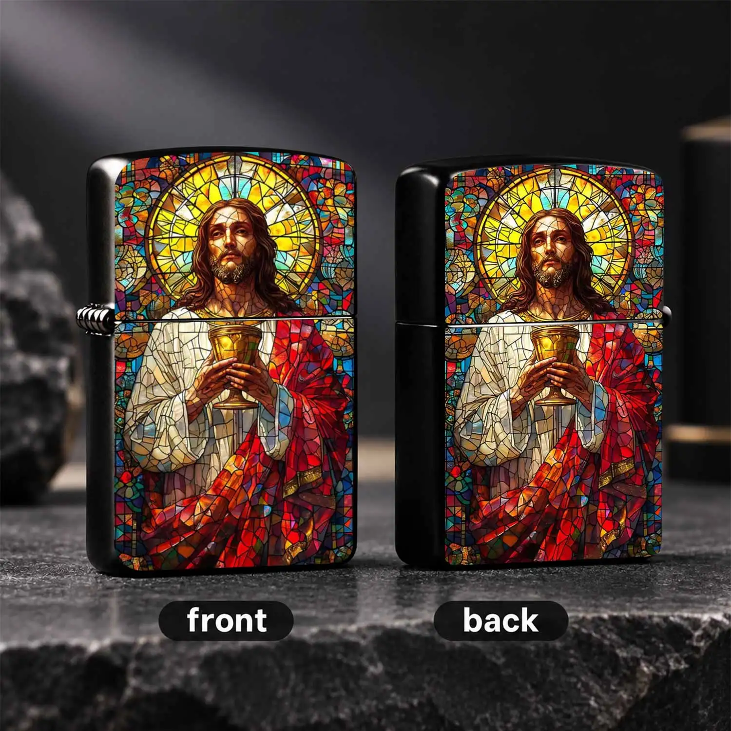 Exquisite Stained Glass Style Jesus Eucharist Holy Grail Pattern Creative Religious Themed Durable  windproof Ideal for Faith Believers Daily Carry PERSONAL Collection Gifting Present Retro Art Decorative Pocket A fun and humorous lighter