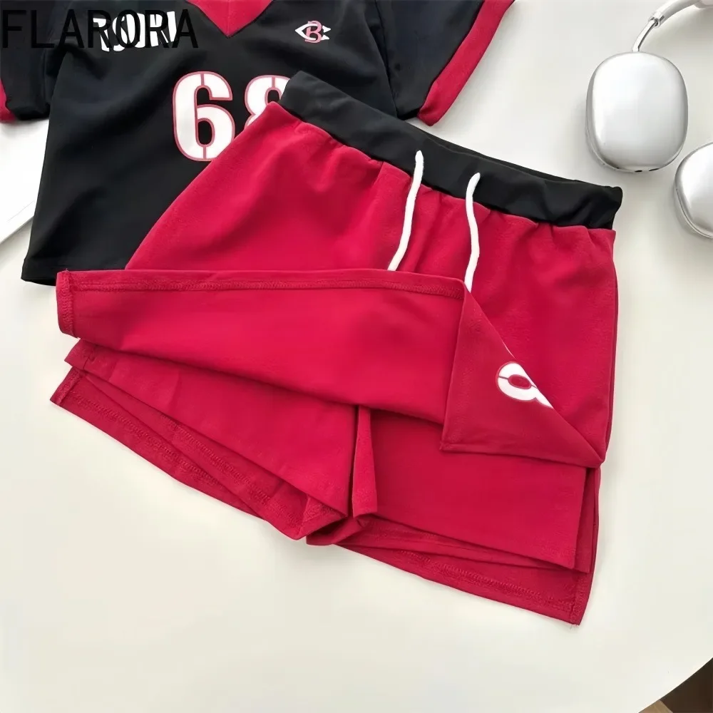 FLARORA Fashion Y2k Letter Print Two Piece Sets Woman V Neck Short Sleeve Crop Tops And Mini Skirts Outfits Streetwear 2024 New