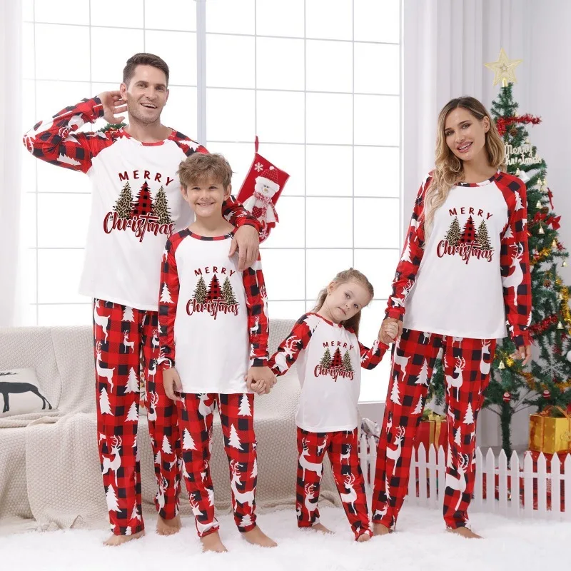 Christmas Home Wear Family Matching Outfits Christmas Tree Printed Plaid Parent-child Two-piece Family of Four Pajamas Sets E487