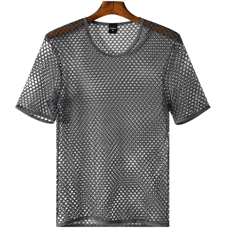Mens Mesh See Through T Shirt Ice Cool Breathable Fishnet Hollow Out Short Sleeve