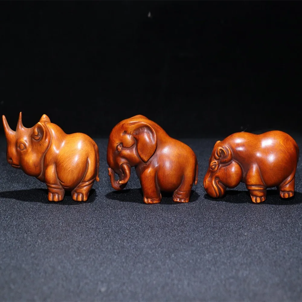 Miniature elephant, rhinoceros, hippo, handmade wooden animal figurine, African three treasures sculpture, home decoration handi