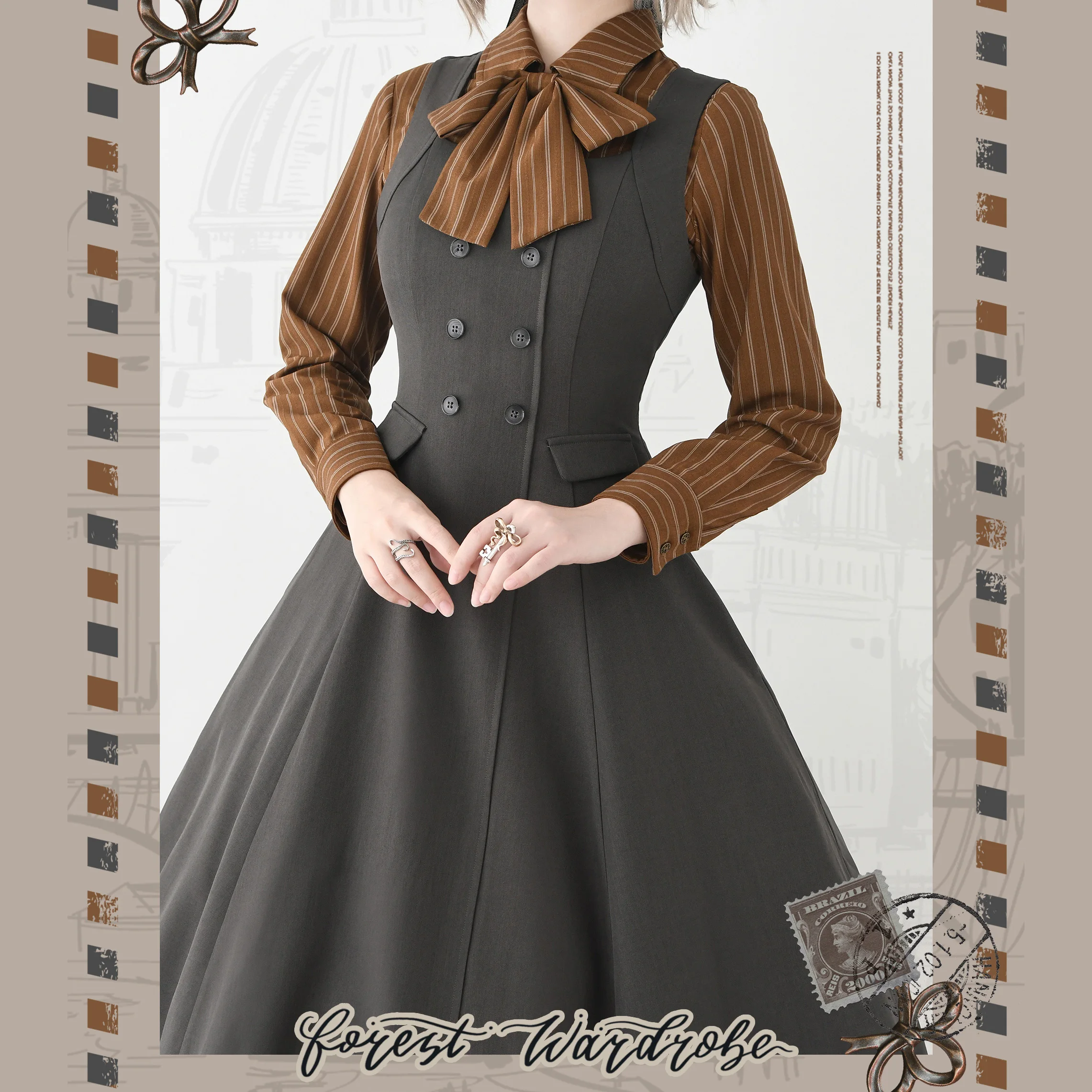 Oryginalna Brytyjska Retro Elegancka Lolita Koszula w Paski z Długim Rękawem Wiosna Jesień 2025 Damska Słodka Bluzka z Kokardą i Sznurowaniem, Dopasowany Krój