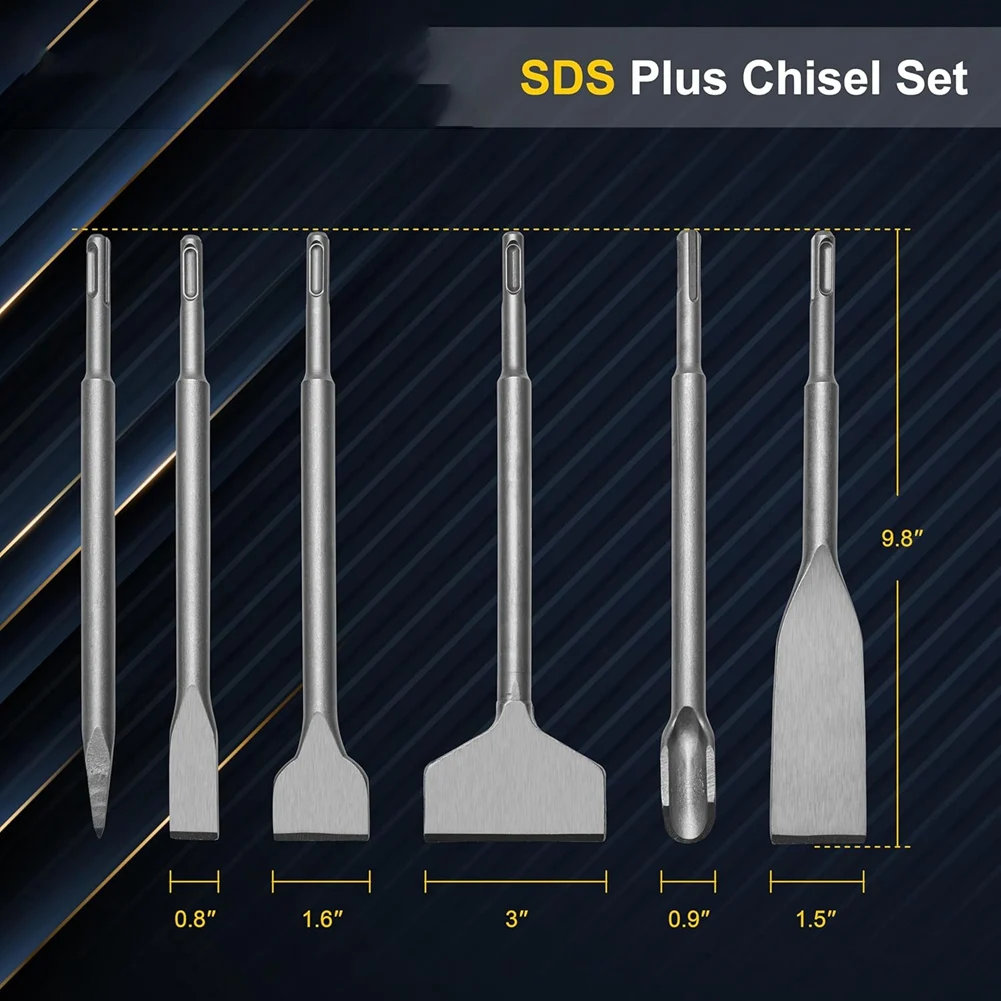 HGHO 6-Piece SDS Plus Chisel Set, Professional 40CR Steel Masonry Tools for Demolition and Renovation