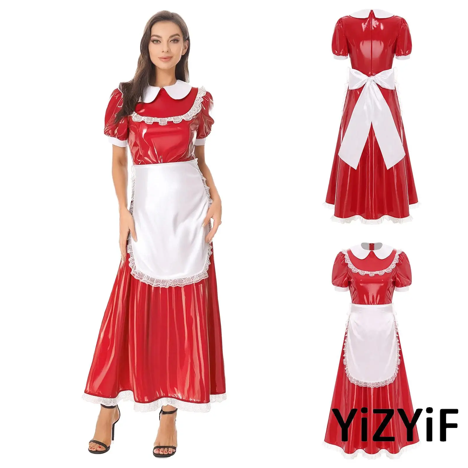 

Halloween Womens French Maid Cosplay Dress Apron Satin Lapel Collar Lace Trim Short Sleeve Wet Look PU Dress for Roleplay Party