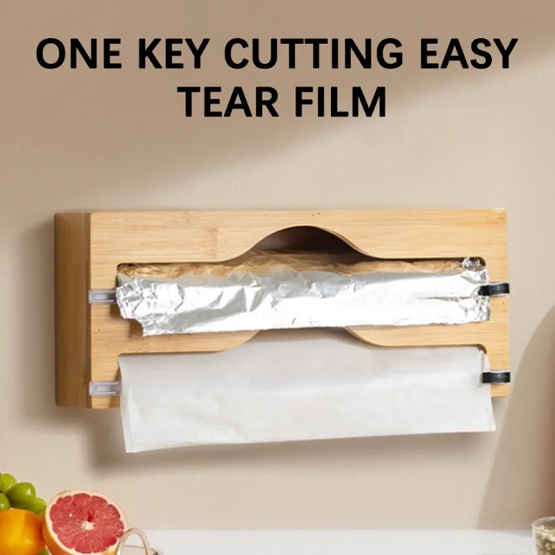 Wall Mounted Plastic Wrap Cutter Bamboo Wood Aluminum Foil Storage Box Bidirectional Sliding Knife Kitchen Kitchenware Organizer