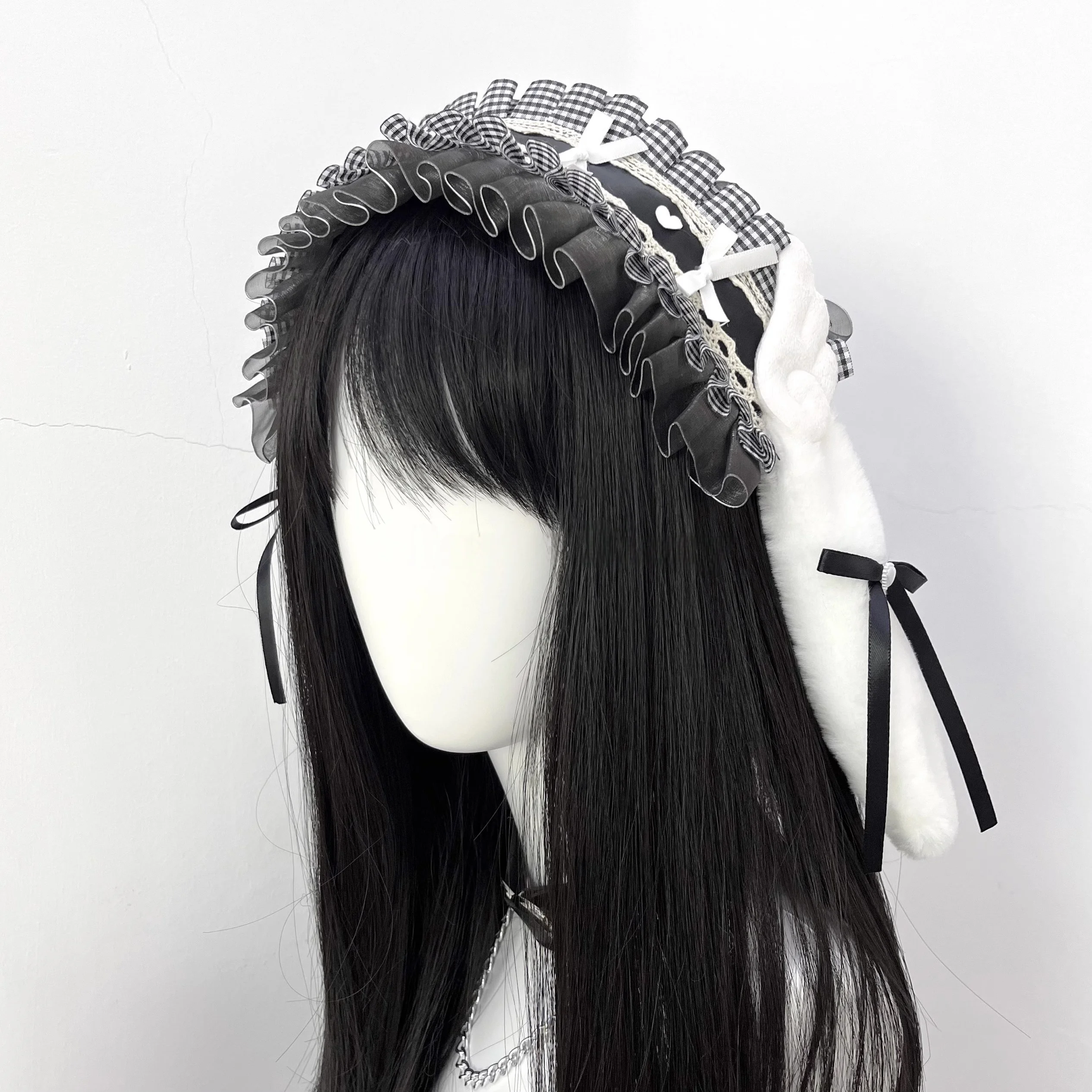 Nieuwe handgemaakte Lolita Gothic zwart-wit geruite engel konijn oor hoofdband subcultuur Y2K meisje hart vleugels hoofddeksel