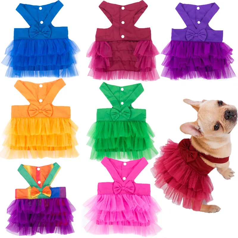Vestido para Perro, Falda Tutú con Lazo, Ropa de Verano para Perros Pequeños, Cachorros y Gatos, Traje Multicolor para Fiestas y Bodas de Mascotas