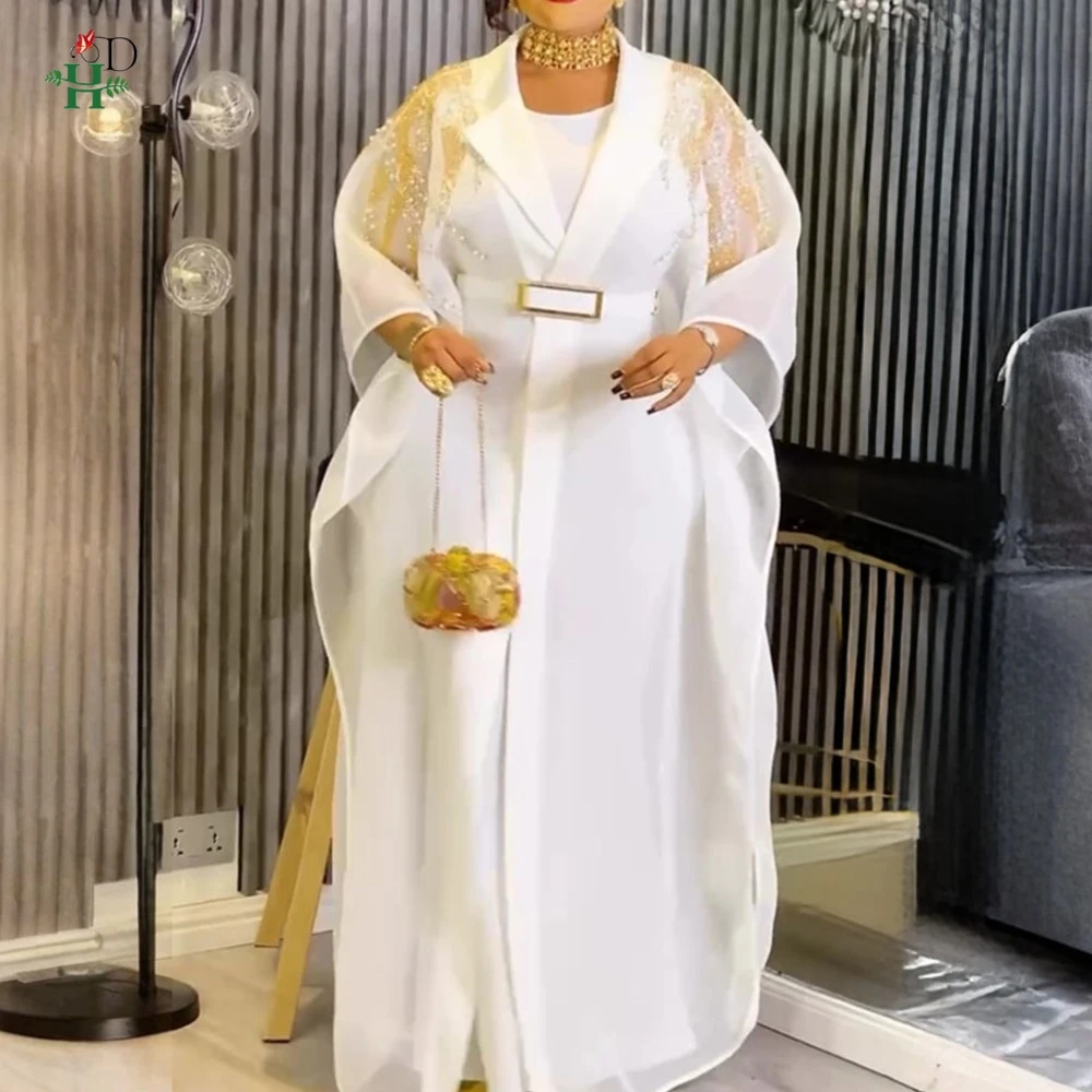 فستان أفريقي H&D للنساء مقاس كبير فستان تركيا فستان قفطان بياقة شال مع زخارف ترتر ذهبي فستان حفلات الزفاف #4
