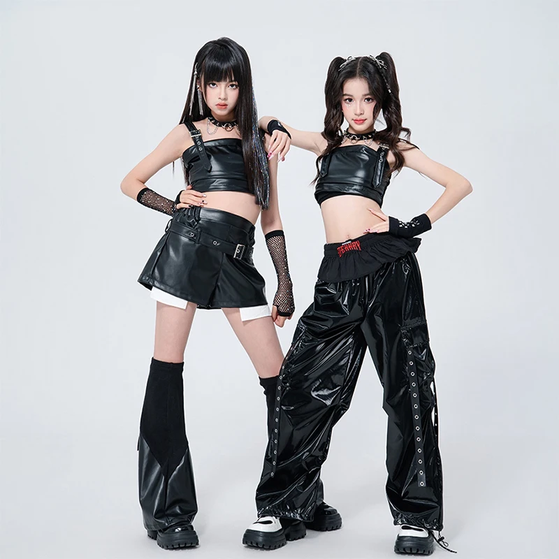 Coole Hip Pop Dance Kostüme Mädchen Gruppe Samba Dance Outfit K POP Street Bühnenkleidung Schwarzes Leder Jazz Dance Kostüm XH2609