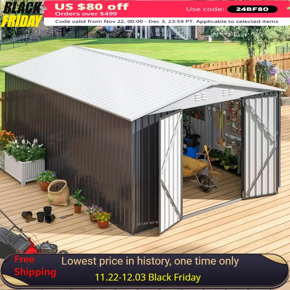 Outdoor Storage Shed, Garden Shed with Updated Frame Structure and Lockable Doors, Metal Tool Sheds, 10 X 14 FT