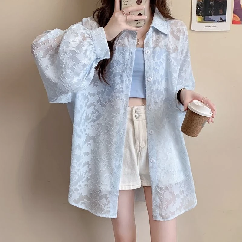 

Свободная блузка свободного покроя средней длины, бутик, корейский кардиган, новинка лета 2026, УФ-повседневный уютный топ для женщин ​