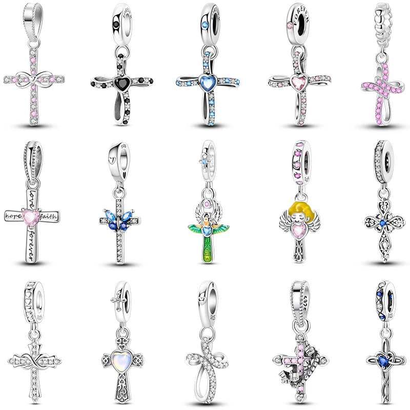 Original 925 Sterling Silver Charm Beads Classic Hallelujah Religion Cross Pendant For Women Fit DIY Bracelet Charm Jewelry