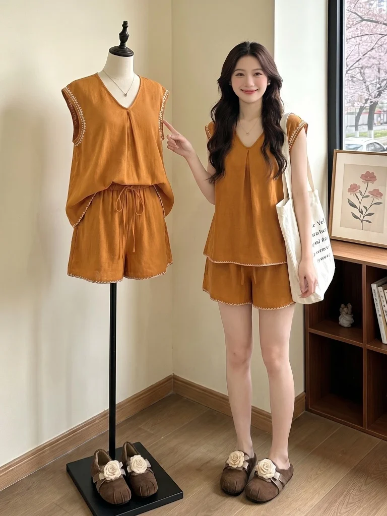 

Summer Fashion Women's Large Size Orange Cotton Linen Vest Shorts Two-Piece Set Thin Material round Neck Short Sleeve Casual ...
