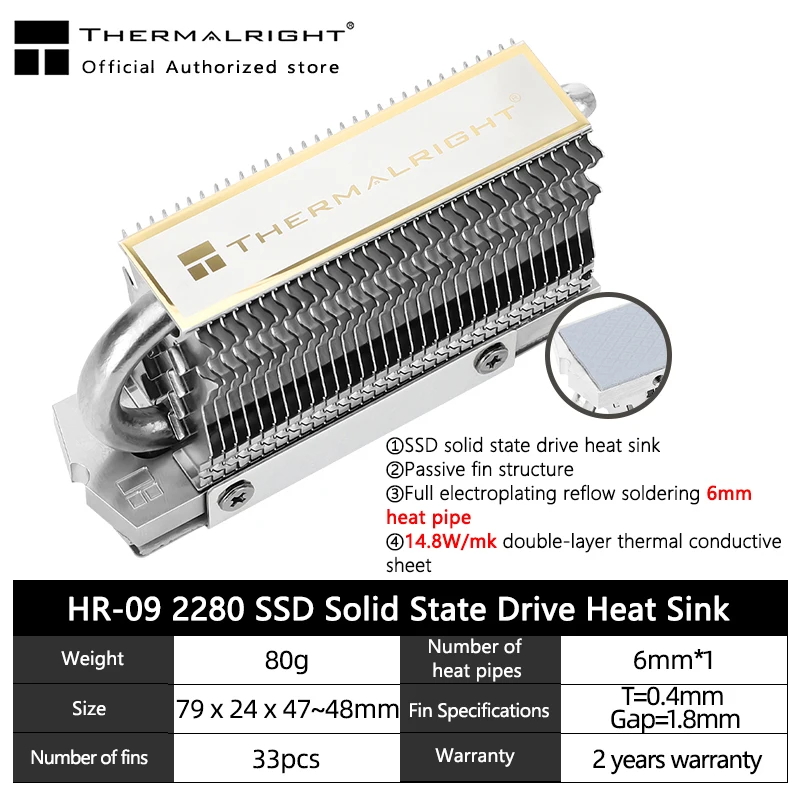 Thermalright-HR-09, unidad de estado sólido, disipador de calor de tubo de calor, radiador M.2 SSD, junta de enfriador con almohadilla de silicona térmica, 2280 M.2