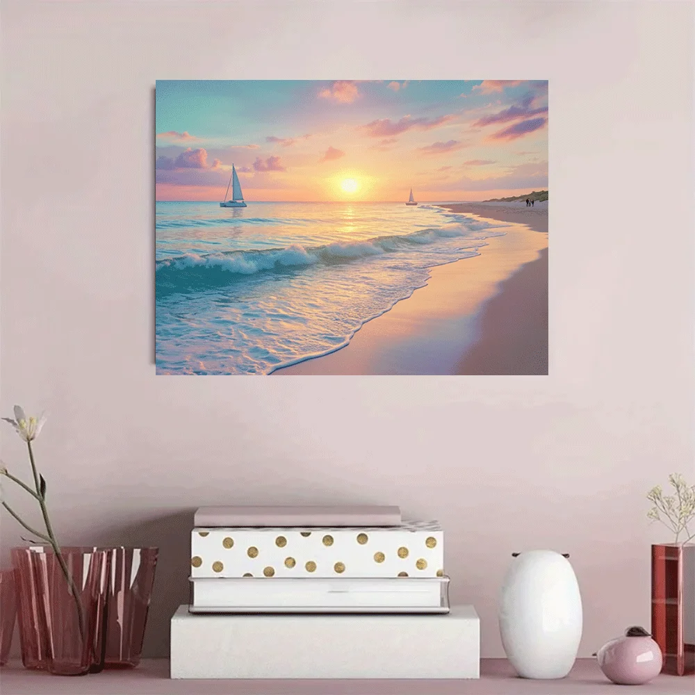 1PC-Unframed Canvas poster wall decoration Sunset Beach Sailboats Tropical Coastal Waves Summer Scenic Landscape