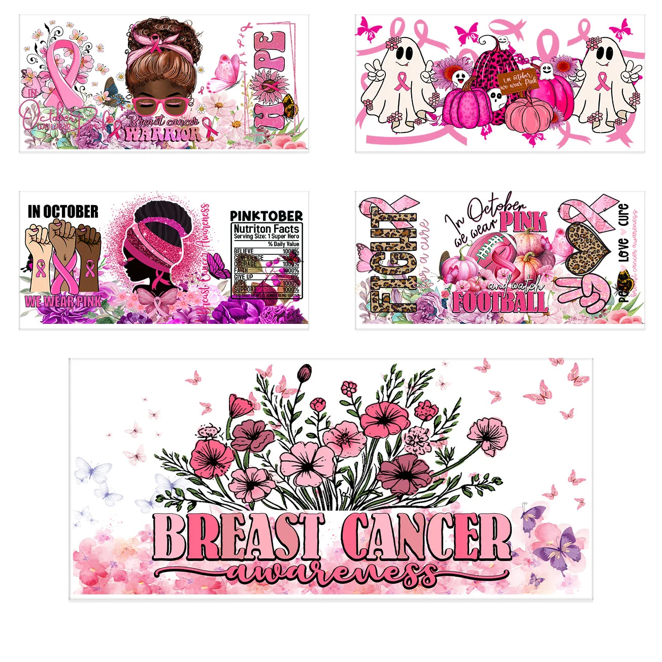 Pink Ribbon Affirmation Cup Wraps Decals for 16oz Libbey Glass Breast Cancer Awareness 3D Transfer Stickers UV DTF Cup Wraps