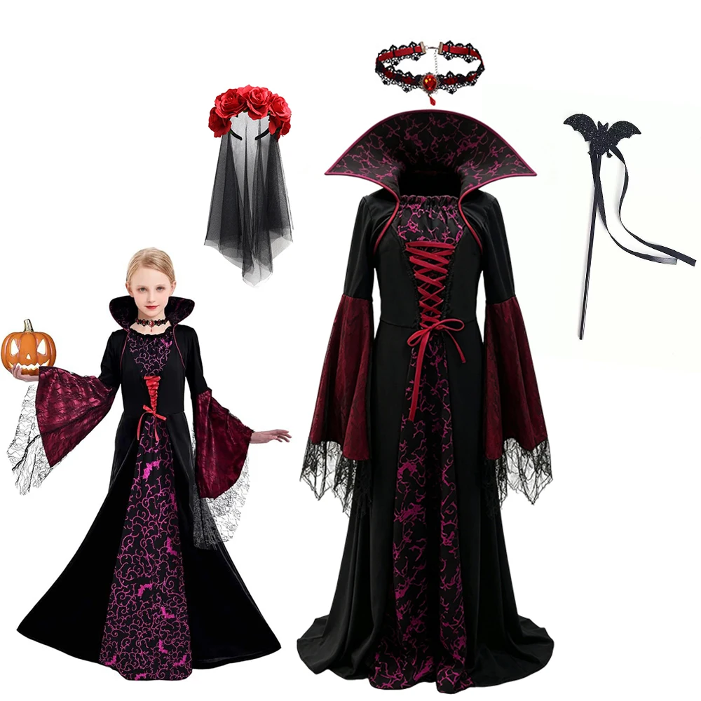 Girls Vampire Bride Cosplay Long Dress Kids Gothic Role‑Play Outfit with Flower Headwear Halloween Fancy Costume for Carnival image 3