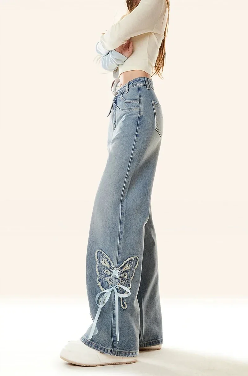 Pantalones vaqueros con lazo bordado azul Vintage para mujer Y2k Harajuku japonés 2000s pantalones vaqueros de vendaje de gran tamaño pantalones vaqueros holgados ropa de basura