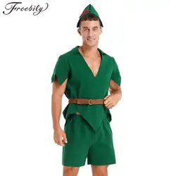 Men Halloween Christmas Pan Elf Cosplay Costume Short Sleeve Felt Tops with Shorts Belt Hat Carnival Theme Party Dress Up Outfit