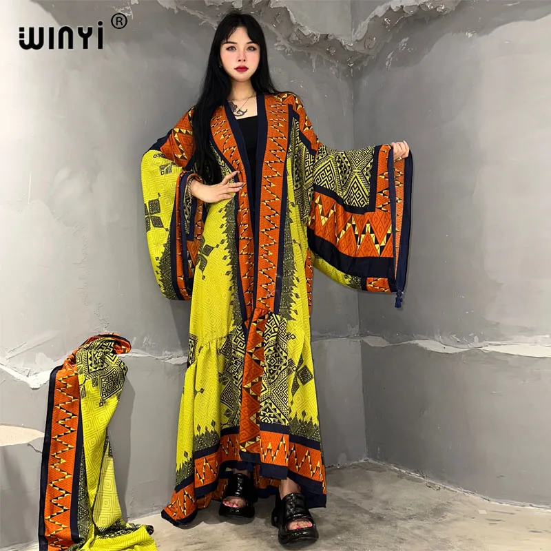 

WINYI Catwalk Kimono Women Printed bubble hem coat Long Sleeve Cardigan abaya dubai luxury beachwear Cover Up boho dress Caftan