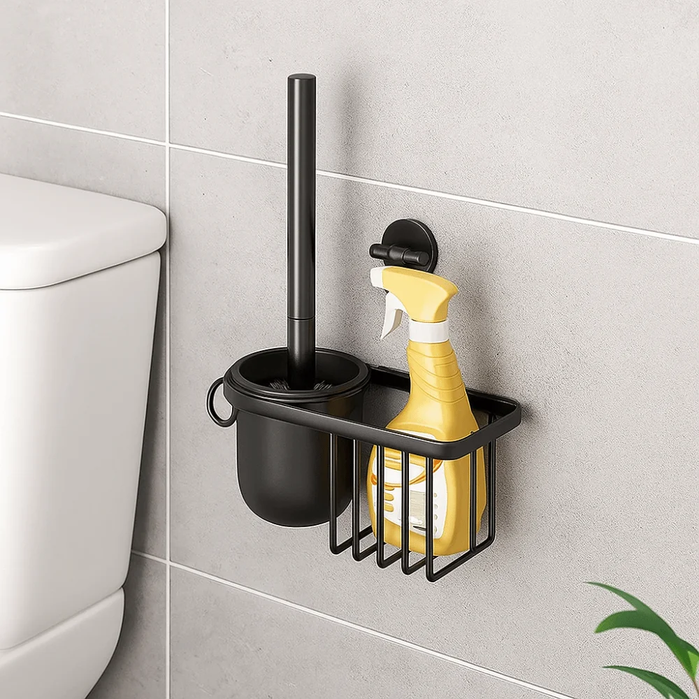 

Rustproof Toilet Brush Holder Nail Free Installation Hygienic Wall-Mounted Toilet Brush with Hook Cleaning Toilet Brush