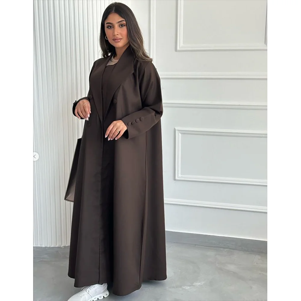 Elegante Bruine Dagelijkse Vrouwen Abaya Moslim Gewaad Losse Vrouwelijke Blazer Nieuwe Dubbele Rij Knopen Damesjack Eendelig فساتين سلامية