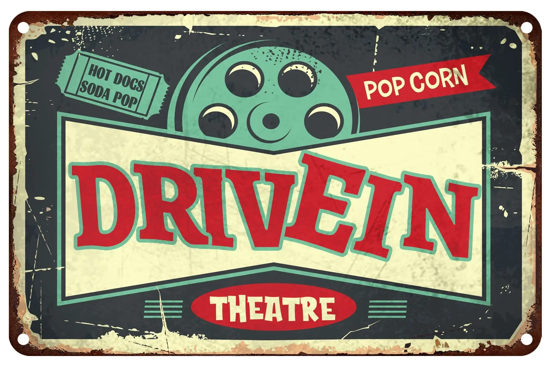 Retro Car Tin Sign - Drive In Theatre, Open-Air Cinema Wall Poster For Wall Front Door Home, Pub Coffee, Living Room, Cafe Bar, 