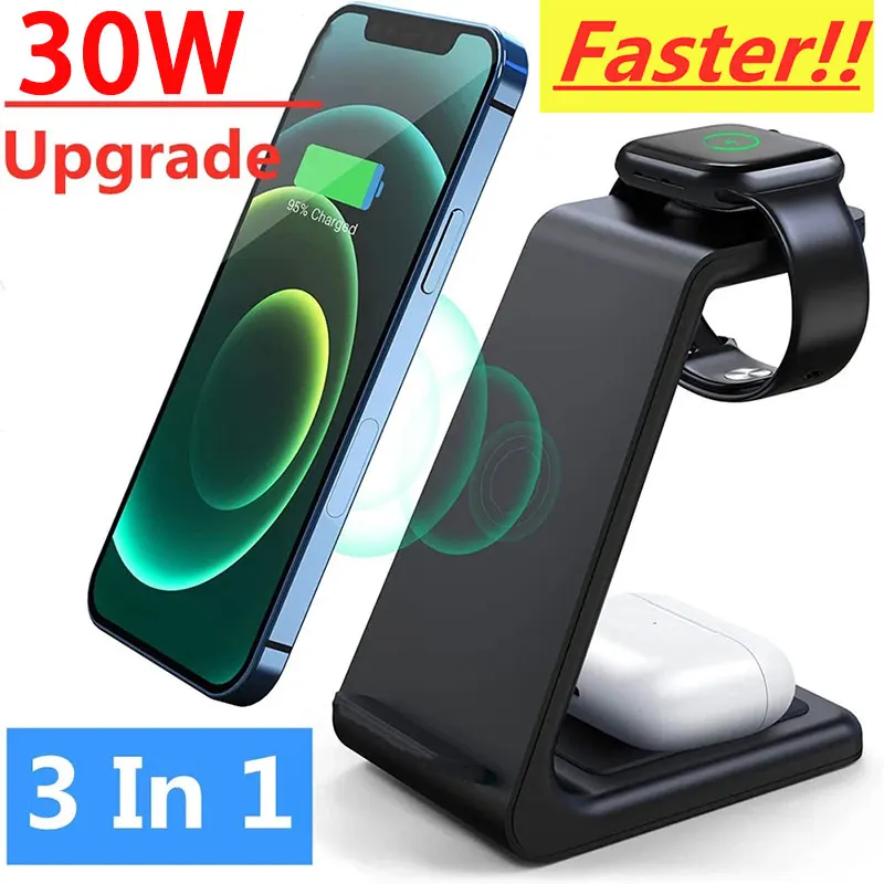 

30W Wireless Charger Stand For iPhone 15 14 13 12 X Apple Watch 3 in 1 Fast Charging Docking Station for Airpods Pro iWatch 8 7
