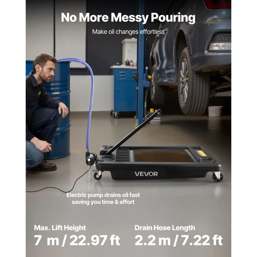 Low Profile Oil Drain Pan 17 Gallon Capacity Rolling with Electric Pump 7.2 ft Hose Leak-proof Corrosion-resistant Metal for Ca