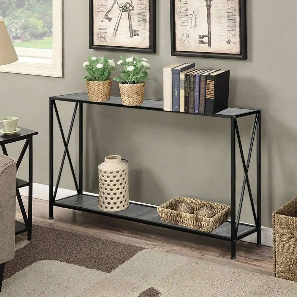 

Grey MDF Countertop Black Wrought Iron Base 2 Layers Forked Console Table