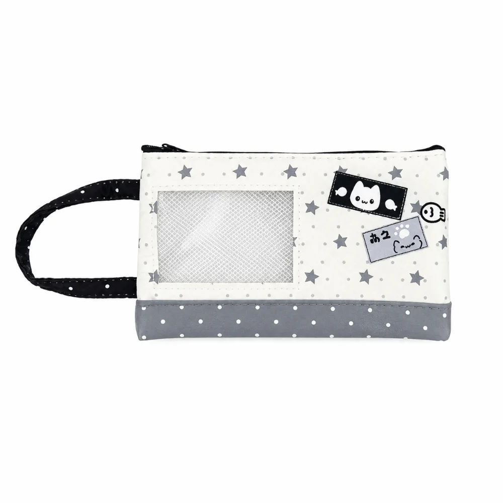 Portable Star Cat Print Pencil Case with Transparent Window Large Capacity Pencil Pouch Handheld Pen Bag Gift